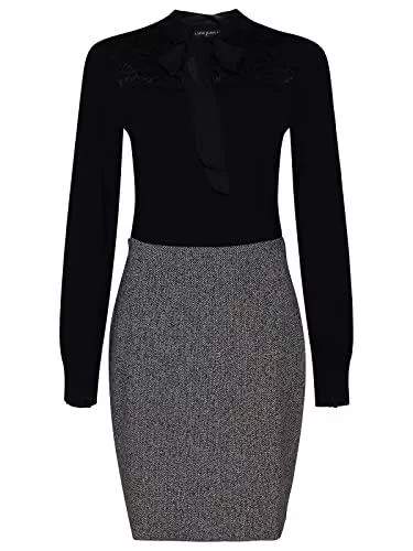 Vive Maria Freizeit Vive Maria Cottage Love Damen Blusenkleid grau meliert/schwarz, Rundhals, strukturiert, Schleifenkragen, figurbetont, Langarm, Knielang