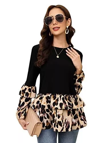 KOJOOIN Langarmshirts KOJOOIN Damen Bluse T-Shirt Langarm Hemd Casual Sweatshirt Leopardenmuster Oberteile Top (Verpackung MEHRWEG)