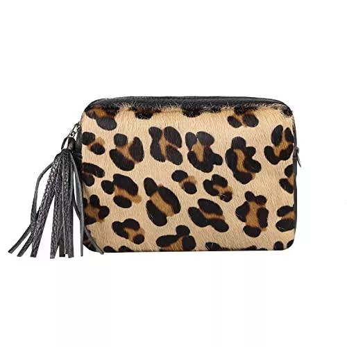 ITALYSHOP24COM Taschen & Rucksäcke OBC Made in Italy Damen Leder Tasche Pelztasche Umhängetasche Leopard Schultertasche Beuteltasche Cross-Over Cross Bag Glattleder Schmucktasche Fransen Ledertasche (Leopard (Pelz))
