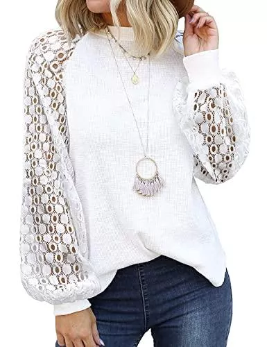 ANGGREK Langarmshirts ANGGREK Damen Oberteile Langarmshirts Casual Pullover Bluse Sweatshirt Oberteil Tops Einfarbig mit Spitzenarm Tops Pulli Rundhals Shirts