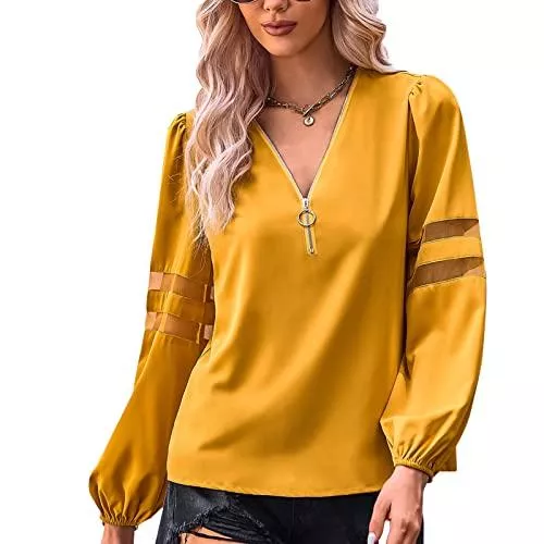 Ausla Langarmblusen Damen V Ausschnitt Bluse Langarmshirts Hemd Elegant Reißverschluss Oberteile Tops Laternenärmel mit Netz