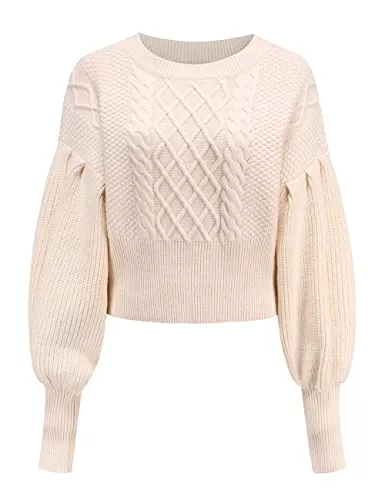 SSLR Pullover & Strickmode SSLR Damen Strickpullover Oversize Pullover Winter Warm Sweater Rundhals Laternenärmel Pullis für Damen Grobmaschig Crop Pullover