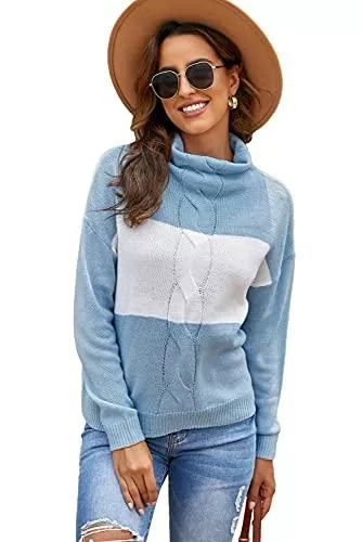 Jusfoouo Pullover & Strickmode Jusfoouo Pullover Damen Rollkragen Freizeitpullover Winter Strickpullover mit Kontrast Warmes und Elegantes Oberteil Langarm Lose Rollkragen Warm Tops S-XXL