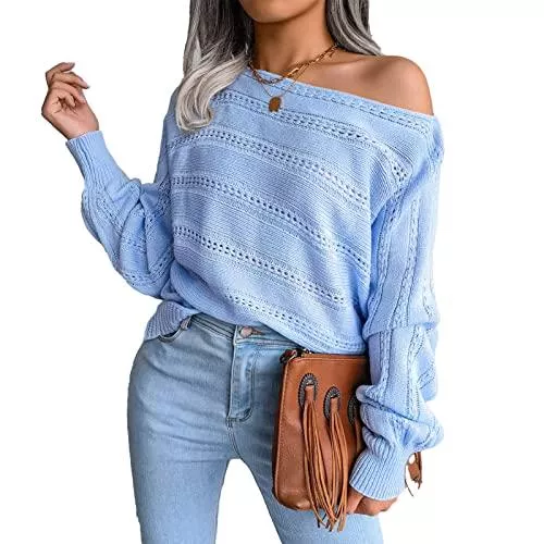 Greensen Pullover & Strickmode Greensen Damen Top Langarm Rundhals Pullover One Shoulder Lässig Locker Modisch Strick Top, One Shoulder Strick Damen Top Langarm Strick Damen Top