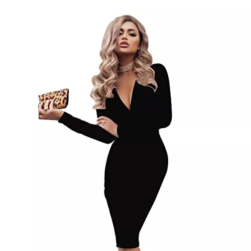 I3CKIZCE Freizeit I3CKIZCE Midi-Kleid für Damen, Strickkleid, lässig, V-Ausschnitt, einfarbig, mit langen Ärmeln, elastisch, Spitze, Slim Chic, Mode, sexy Vintage-Elegant