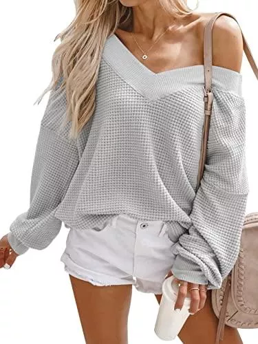 ADREAMLY Pullover & Strickmode ADREAMLY Damen Pullover mit V-Ausschnitt langärmelig Waffelstrick Schulterfrei