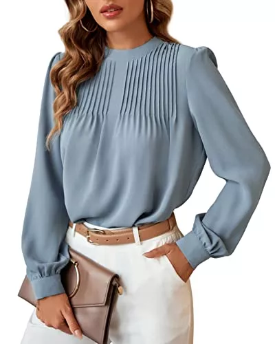 LIUMILAC Langarmblusen LIUMILAC Damen Elegant Plissert Bluse Stehkragen Langarm Oberteile Einfarbig Freizeit Top