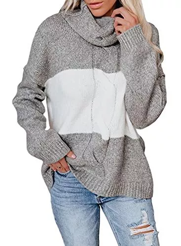 Jusfoouo Pullover & Strickmode Jusfoouo Pullover Damen Rollkragen Freizeitpullover Winter Strickpullover mit Kontrast Warmes und Elegantes Oberteil Langarm Lose Rollkragen Warm Tops S-XXL