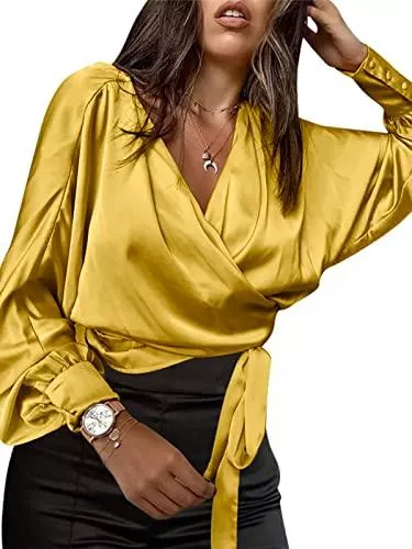 Celmia Langarmblusen Celmia Damen Blusen Langarm V-Ausschnitt Elegante Cocktailparty-Hemden Plissierte Tunika Kurze Oberteile Wickelblusen