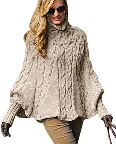 Mikos Pullover & Strickmode Mikos*Eleganter Damen Poncho Rollkragenpullover Damen Pullover Strickponcho Cape Zopfstickmuster Warm Herbst Pullover (641)