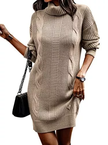 Minetom Freizeit Minetom Damen Pullover Lang Kleid Rollkragen Minikleid Winterkleid Strickkleid Casual Warm Langarm Stricksweat Strickpullover Sweatkleid Herbst Winter