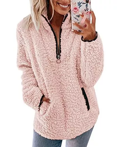 Nilimoph Kapuzenpullover Nilimoph Pullover Damen Flauschig Pulli Fleece Weich Herbst Winter Warm Kapuzenpullover Casual Sweatshirt Winter Mit Seitentasche Zip Langarm Oberteile Top