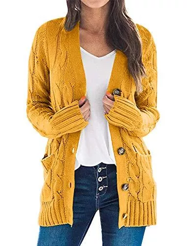 AUBIG Strickjacken AUBIG Damen Langarm Strickjacke Cardigan Strick Cardigan mit Knopf Winter Outwear Strickpullover mit Taschen S à XL