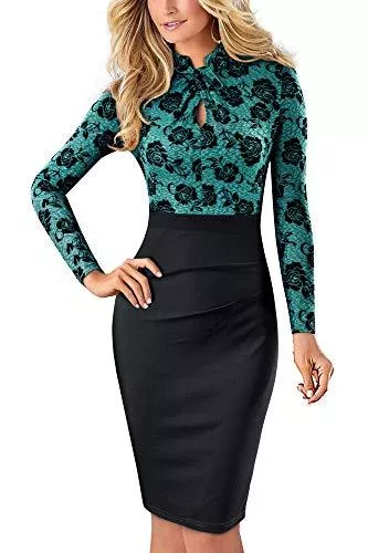 HOMEYEE Cocktail HOMEYEE Damen Vintage Stehkragen Kurzarm Bodycon Business Bleistift Kleid B430