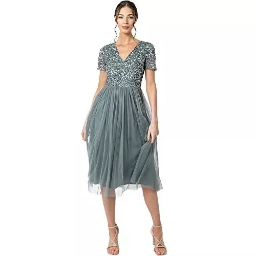 Maya Deluxe Cocktail Maya Deluxe Damen Midi-Kleid mit V-Ausschnitt, Verziert Brautjungfernkleid