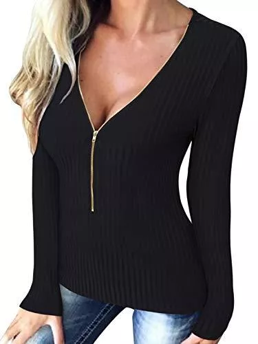 ACHIOOWA Langarmshirts ACHIOOWA Langarmshirt Damen Zip Off V-Ausschnitt T-Shirt Langarm Bluse Oberteile Casual Einfarbige Wickelbluse