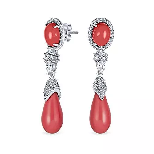 Bling Jewelry Schmuck Vintage-Stil Rosa Orange Teardrop Runde Simulierte Koralle Cz Prom Statement Baumeln Ohrringe Für Frauen Silber Vergoldet Messing