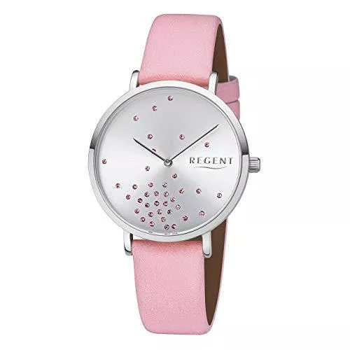 REGENT Uhren REGENT Damenuhr 36 MM mit Glitzer Steinen Silberfarben/Rosa BA-597