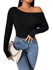 GORGLITTER Langarmshirts GORGLITTER Damen Langarmshirt Asymmetrischem Kragen Schmal T-Shirts Pullover Einfarbig Cacsualshirt Langarm Shirts