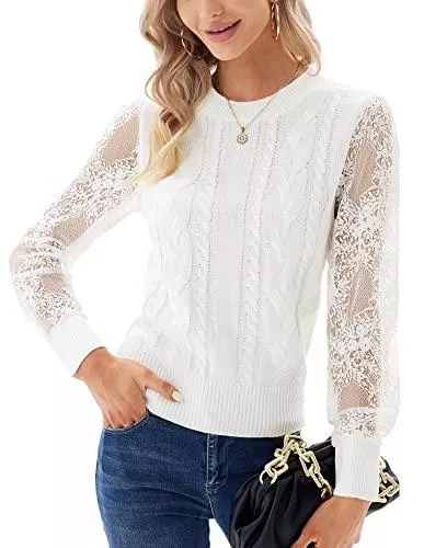 GRACE KARIN Pullover & Strickmode GRACE KARIN Damen Spitze Strickpullover Elegant Langarm Langarmshirt Sweatshirt Herbst Winter Strick Oberteil Pulli Rundhals Tops