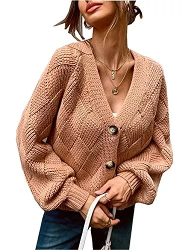 ZIYYOOHY Strickjacken ZIYYOOHY Strickjacke Damen V-Ausschnitt Cardigan Laternenhülle Casual Kurz Strickmantel Oversize Pullover Knopfleiste Outerwear
