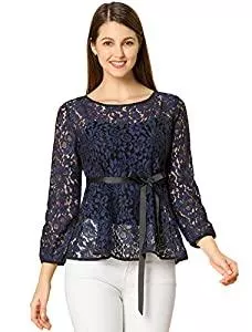 Allegra K Langarmblusen Allegra K Damen Langarm Bindegürtel Panel Spitze Peplum Top Bluse