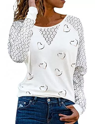 Oiumtty Langarmshirts Oiumtty Damen Langarmshirt Elegant Herz Drucken Bluse Shirts Spitze Langarm Rundhals Basic T-Shirt Oberteile