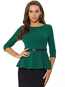 Allegra K Langarmblusen Allegra K Damen 3/4-Ärmel Rundhalsausschnitt Gürtel Elegant Arbeit Schößchen Top Bluse