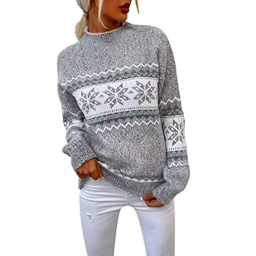 Kanpola Damen Sweatshirts Pullover & Strickmode Kanpola Weihnachtspullover Damen Strick Pullover Herbst Winter Rundhals Langarm Sweatshirt Drucke Pulli Sweater mit Norweger-Muster Weihnachten Party Gestrickte Jumper Oberteile
