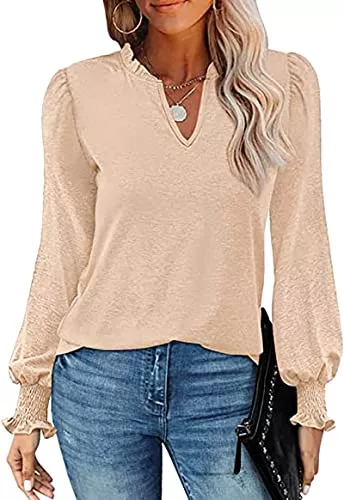 LKNBLIL Langarmblusen LKNBLIL Damen Kariert Bluse Langarm Elegant Oberteil Flowy Locker V-Ausschnitt Tunika Tops Hemd T-Shirt