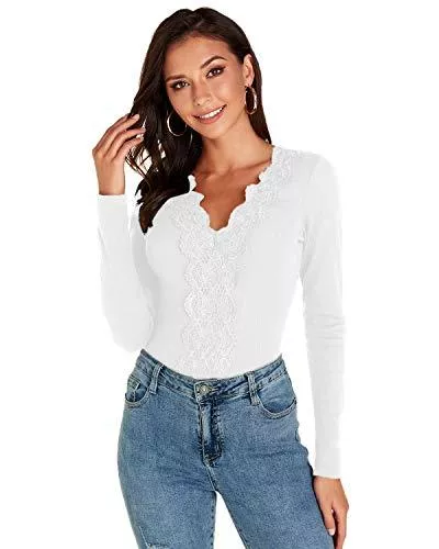VONDA Langarmblusen VONDA Bluse Damen Spitze Shirt Langarm mit Spitze Langarmshirt V-Ausschnitt Tops Slim Fit Sexy Shirts