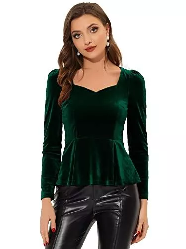 Allegra K Langarmblusen Allegra K Damen Schößchen Bluse Top Velvet Langarm Herzausschnitt Elegant Blusen