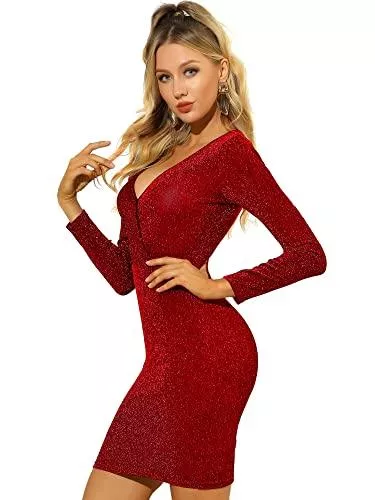 Allegra K Freizeit Allegra K Damen Langarm Cocktail V-Ausschnitt Abendkleid Metallic Glitzer Party Wickelkleid Minikleid