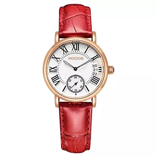 ROCOSJEWE Uhren Damen Quarzuhr Vintage Römische Ziffer Zifferblatt Sekundenzeiger Sub Dial 32mm Gold Edelstahl Gehäuse Lederarmband R0240