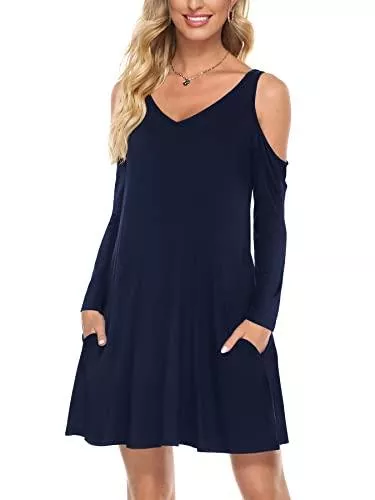 Florboom Freizeit Florboom Damen Kleider V Ausschnitt Off Shoulder Kleid Knielanges Sommerkleid Freizeitkleid mit Taschen