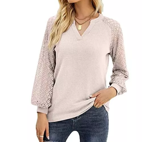 Fotormt Pullover & Strickmode Fotormt Damen Langarm Tops Casual Waffel Spitze Blusen T-Shirt Trendy V-Ausschnitt Herbst Kleidung für Frauen