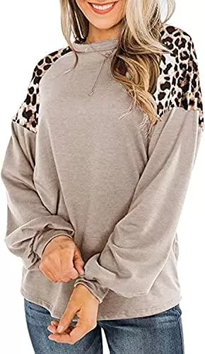 Ranphee Langarmshirts Damen Langarm Leopard Patchwork Bluse Oberteile Rundhals Shirt Langarmshirt Herbst Casual Hemdbluse Tops