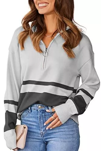 ASOMI Pullover & Strickmode ASOMI Pullover Damen Langarmshirt Elegant Sweatshirt Damen Winter Schulterfrei Zebra Streifen Kragen Bluse Gestreift Reißverschluss Oberteil