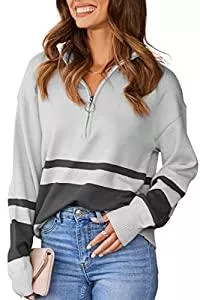 ASOMI Pullover & Strickmode ASOMI Pullover Damen Langarmshirt Elegant Sweatshirt Damen Winter Schulterfrei Zebra Streifen Kragen Bluse Gestreift Reißverschluss Oberteil