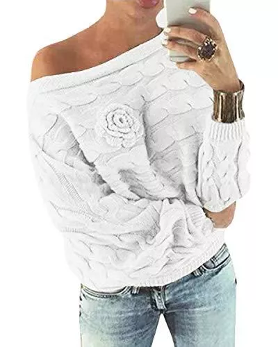YOINS Pullover & Strickmode YOINS Schulterfrei Oberteile Damen Herbst Winter Off Shoulder Pullover Pulli für Damen Loose Fit mit Blumenmuster