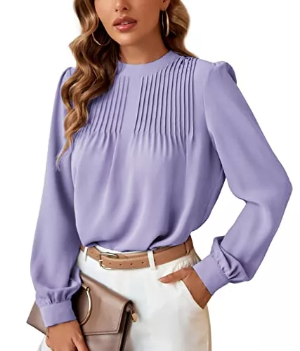 LIUMILAC Langarmblusen LIUMILAC Damen Elegant Plissert Bluse Stehkragen Langarm Oberteile Einfarbig Freizeit Top