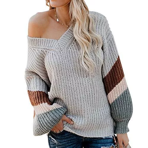TSWRK Pullover & Strickmode TSWRK Strickpullover Damen Loser Pullover V Ausschnitt Sweater Elegante Streifen Pulli Lang Ärmel