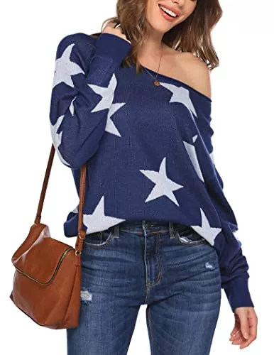 mea eor Pullover & Strickmode Meaneor Pullover Damen Langarm Strickpullover Elegant Sweatshirt Stern Winterpullover O-Ausschnitt Strickpulli Sweater Off Shoulder Oberteil S-XXL