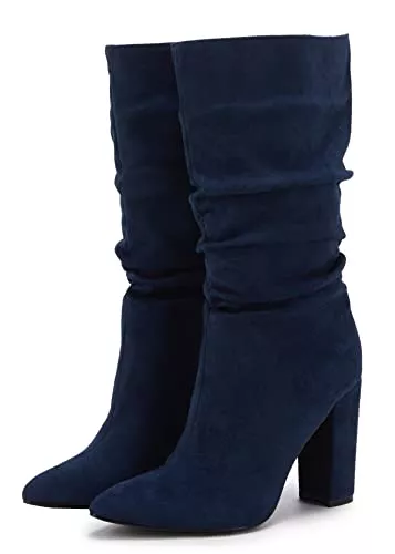 Syktkmx Stiefel Damen Winterstiefel mit hohem Absatz, halbhoch, Veloursleder, Schlupfschuh, klobig, spitzer Zehenbereich