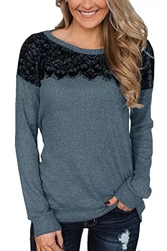 BesserBay Langarmshirts BesserBay Damen Causal Einfarbiges Langarmshirt mit Schwarzen Spitzen Elegantes Sweatshirt S-XXL