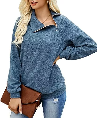 FCSONU Pullover & Strickmode FCSONU Damen Casual Langarm Fleece Pullover Sweatshirt Oblique Zipper Neck Revers Tops