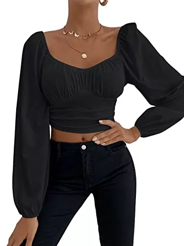 SheIn Langarmshirts SheIn Damen Crop Top Langarm T-Shirt Herzausschnitt Oberteil Bauchfrei Cropped Shirts Langarmshirts mit Laternenärmeln