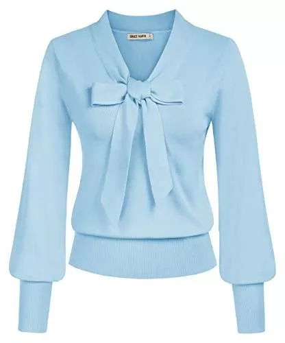 GRACE KARIN Langarmblusen GRACE KARIN Lange Ärmel Sweatshirt Damen Fliege Hals Pullover Elegant Freizeit Pullover