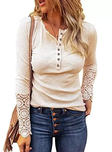 Uusollecy Langarmshirts Uusollecy Damen Langarmshirts Rundhals Basic Oberteile mit Spitze Sleeves Slim Fit Einfarbig T-Shirt Oberteile Tops mit Button