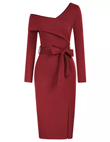 GRACE KARIN Business GRACE KARIN Damen Lange Ärmel One Schoulder Knielang Bodycon Bleistiftkleid mit Schlitz Vintage Retro Cocktailkleider